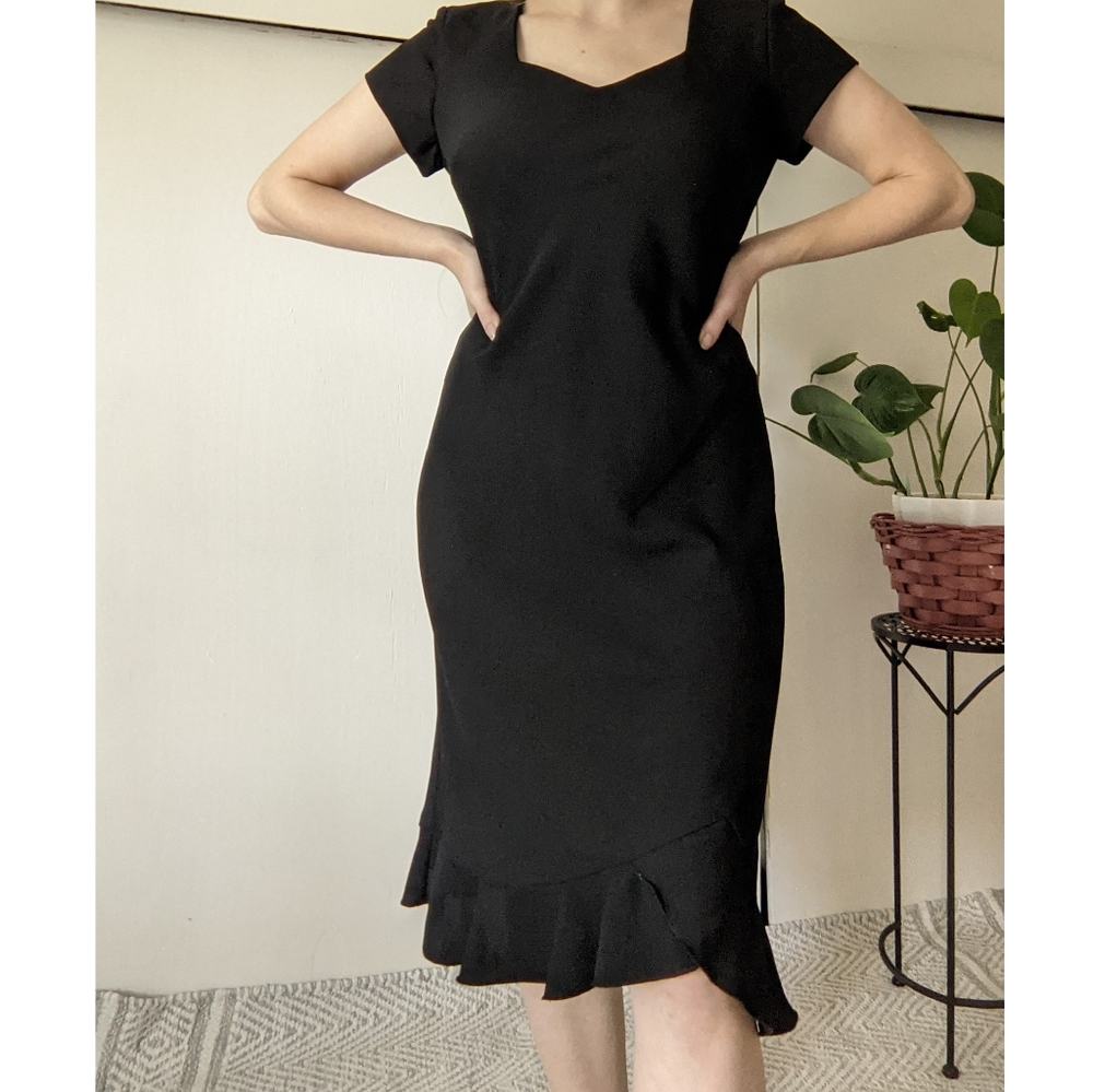Black bias hem midi dress with ruffle